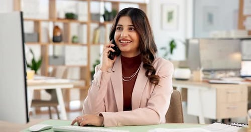Happy, business woman and talking with phone call in office for online advice or consultation