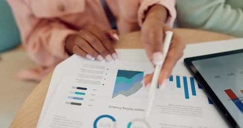 Business people, hands data chart analytics with tablet, graphs and research of growth