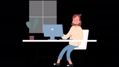 Businesswoman Sitting At Desk Working On Laptop Cartoon Animation 4K On Alpha Channel