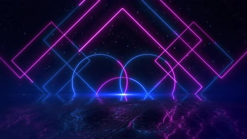 Futuristic Neon Geometric Light Shapes Reflective Surface Vibrant Pink Blue Shapes Reflective