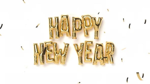 Happy New Year Golden Balloon Letters with Confetti