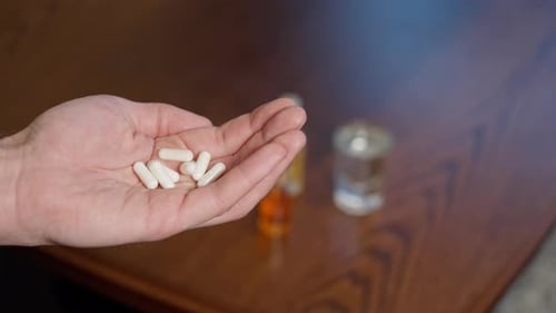 Hand Holding Many White Capsules for Health