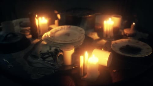 Warm Flickering Candlelight on a Set Dinner Table