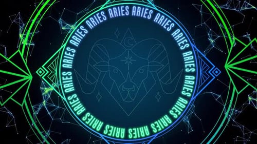 Rotating Neon Aries Zodiac Symbol and Geometric Lines
