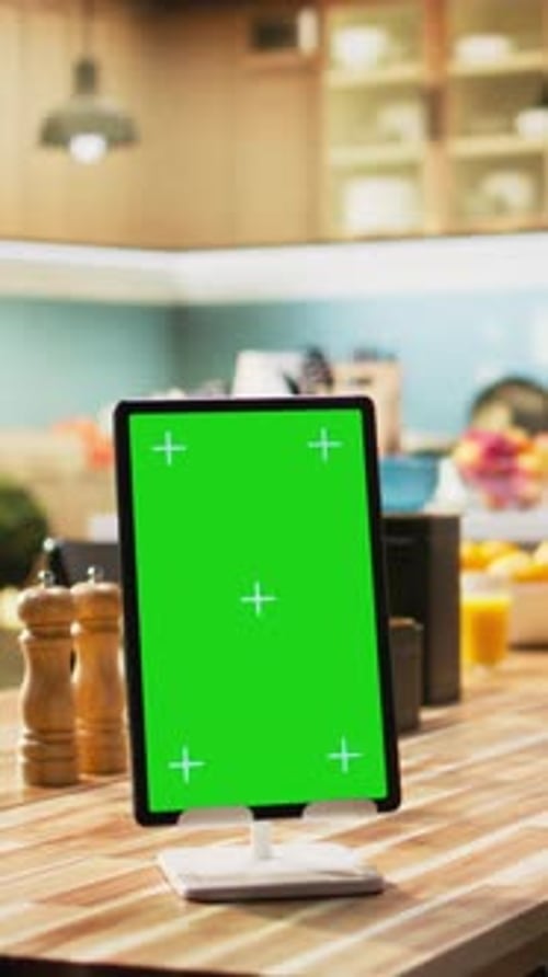 Vertical Video Vertical Chroma Key on Tablet Screen in Empty Stylish Kitchen