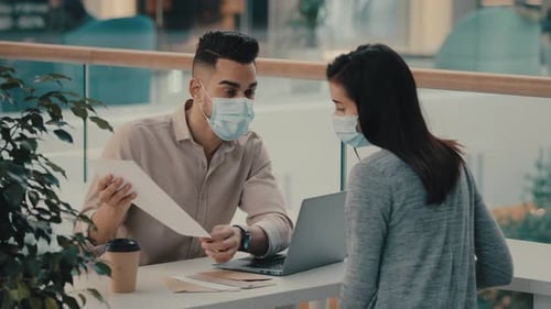 Bank Worker in Medical Mask Businessman Salesman Insurance Man Realtor Manager Talking with Female