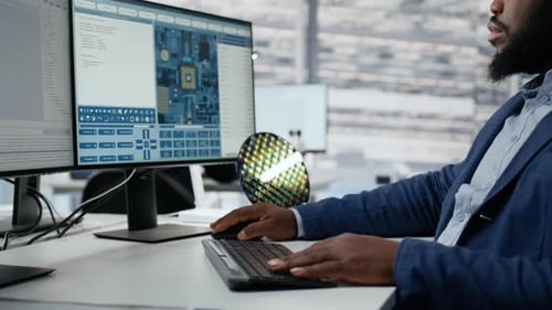 Analyzing PCB Architecture PC Close Up and Technician in Semiconductors Factory