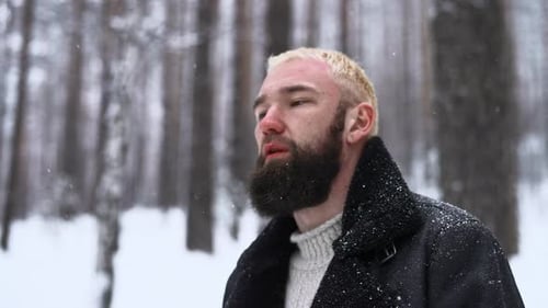 Un homme caucasien perdu en hiver, Forest Media, un jeune homme hipster désespéré a froid avec sa peau rouge