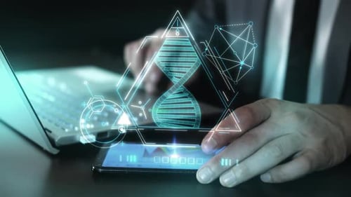 Holographic DNA Double Helix with Futuristic UI