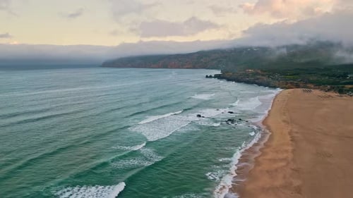 Stormy Ocean Surf Foaming Sand Drone View Sea Water Waves Washing Sandy Beach