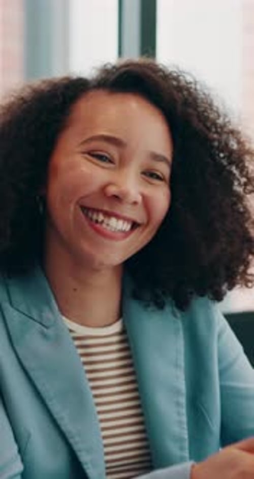 Woman, handshake and excited with success at office for motivation, goals