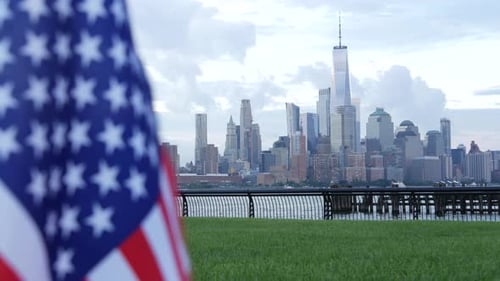 New York City Skyline With American Flag