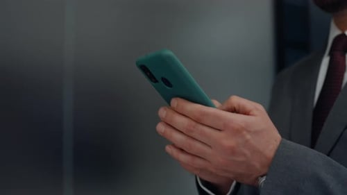 Manager Hands Texting Smartphone Strolling Office Corridor Closeup Man Typing