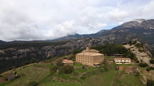 Aerial views of an ancient monastery in the mountains of Catalonia