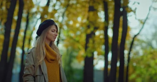 Attractive Woman Walking in Park in Autumn Portrait of Lady in Beautiful Forest Prores