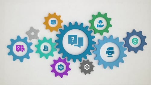 Animated Rotating Gears with Business Icons for Workflow Process