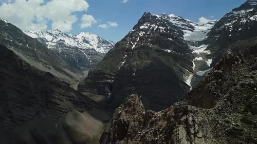 Drone Flight Through Snowy Mountain Peaks Rocky