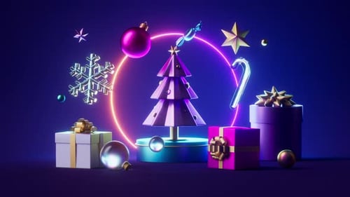 Futuristic Christmas Decorations with Glowing Neon Ring Animation