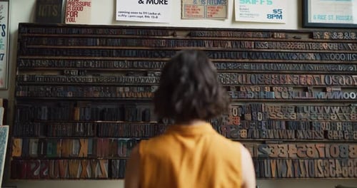 Woman Examining Letterpress Printing Blocks in Printshop
