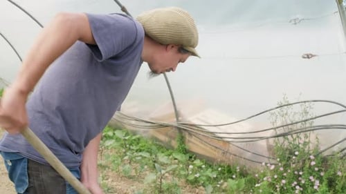 Un agriculteur a labouré la terre à l'intérieur d'une serre d'hiver à l'aide d'un râteau, préparant le sol pour l'ensemencement