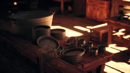 Rustic Metal Dishes and Bucket on Wooden Table with Warm Light