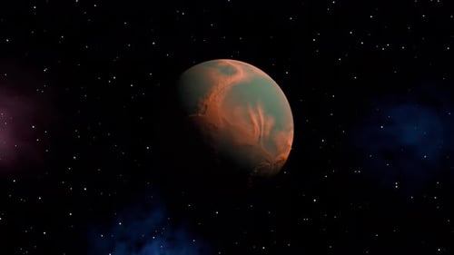 Ein orange-blauer Planet dreht sich im Weltraum