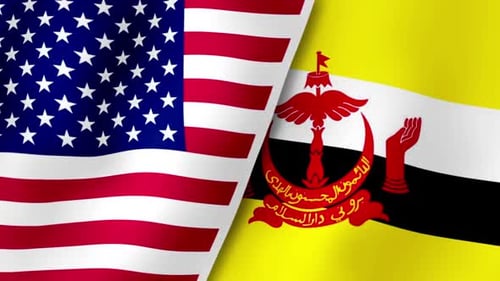 United States and Brunei Flags Waving Together