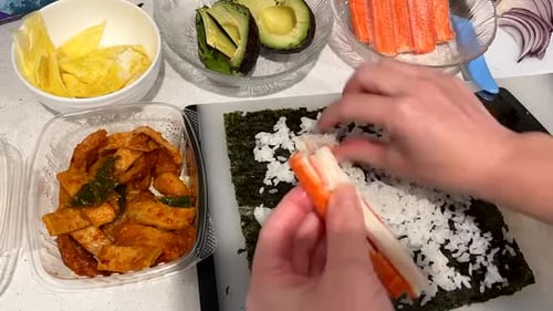 Preparing Sushi Rolls at Home on Countertop