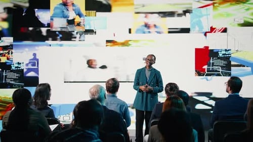 Black Woman Leads Dynamic Social Media Presentation During Corporate Event