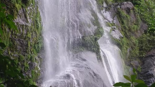 Cascade el Bejuco waterfall on mossy rock cliff in Honduras jungle
