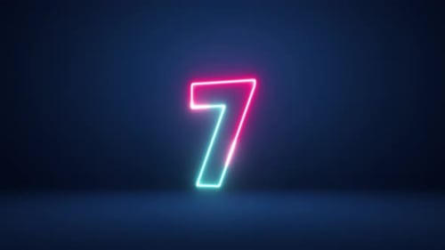 Blau-pinke Neonzahlen zählen von zehn bis Null. Countdown-Timer-Animation für 10 Sekunden