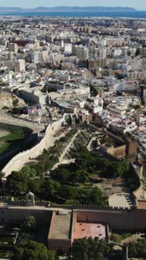 Vertical Aerial Circle Over Alcazaba de Almería and Cityscape