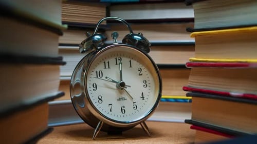 Old Classic Alarm Clock on the Background of Stacks of Books