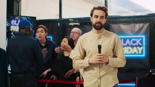 Reporter Holding Microphone at Exciting Corporate Event