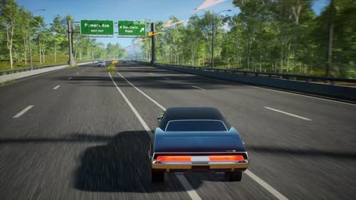 Classic Muscle Car Driving Animation on Highway and Dirt Road