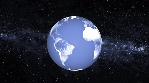 Vorderansicht des rotierenden Erdplaneten mit Sternen, Milchstraße, sich drehende Erdplanetenkugel. 1341