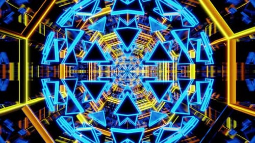 Mirrored Blue And Yellow Colored Kaleidoscope Tunnel Vj Loop Background