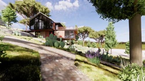 3D Rendered Modern House in a Lush Natural Landscape