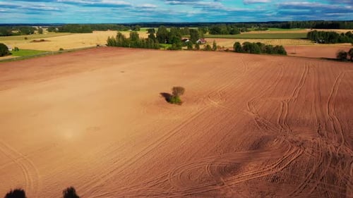 Braunes Ackerland auf dem Land in der goldenen Stunde, Luftbild