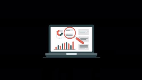 Laptop Screen with Animated Data Analysis and Magnifying Glass