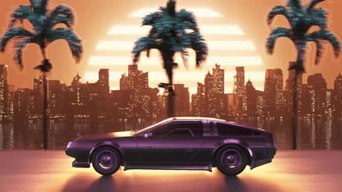 Loop Car at Sunset Against the Backdrop of the City Retro Wave in the Style of the 80s