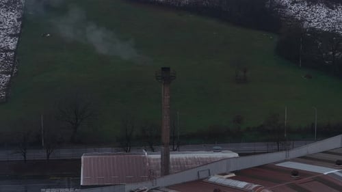 Drone Shot of Toxic Smoke From Chimney of Metallurgical Factory on Dark Autumn Day