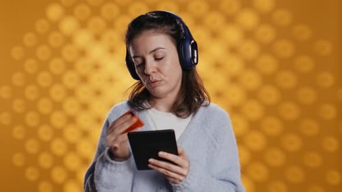 Woman Reading Ebook Listening Music Purchasing Books Studio Background