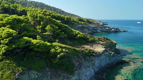 A scenic coastline with clear blue waters and lush green cliffs, aerial view