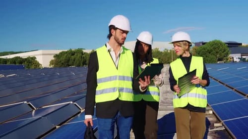 Engineers Discussing Renewable Energy at Solar Power Plant