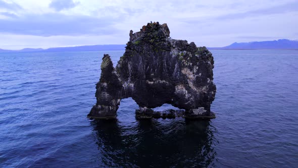 Aerial of majestic Hvítserkur Sea basalt rock in north Iceland, Nature ...