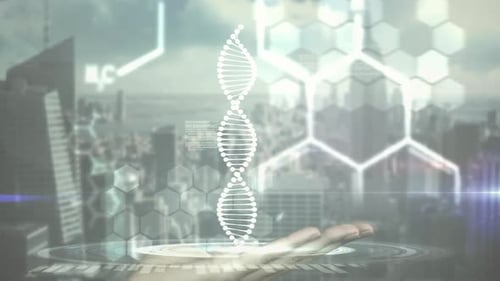 Animation of dna strand and scientific data processing over cityscape