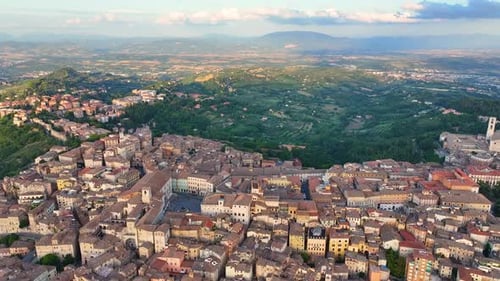 Aerial View of Perugia City Skyline at Sunset Golden Hour Umbria Italy
