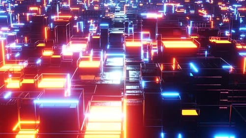 Huge abstract digital city with orange and blue lights. Infinitely looped animation