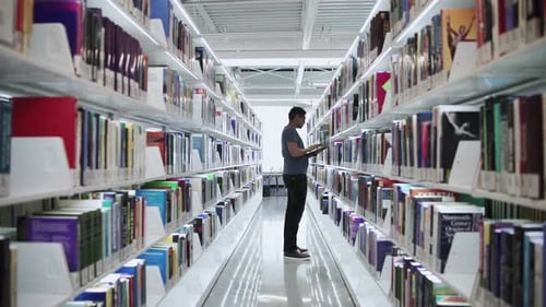Student Using Laptop and Choosing Book in College Library 2529 Years